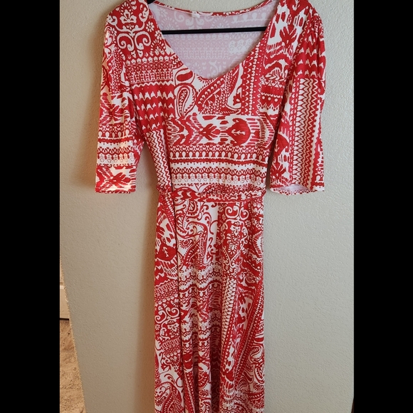 Women's Red Printed Belted Summer Jersey Dress Tropical Vacation Spring - Picture 2 of 6